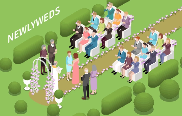 Wedding ceremony marriage isometric composition with guests sitting on chairs in garden with priest and newlyweds vector illustration
