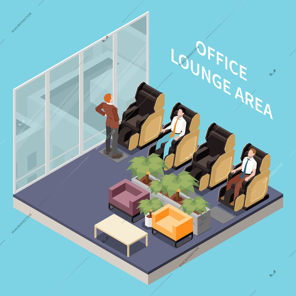 Office recreation facilities isometric composition with isolated view of room with automatic massage chairs and employees vector illustration