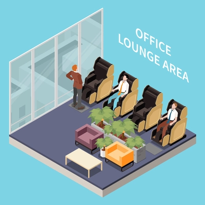 Office recreation facilities isometric composition with isolated view of room with automatic massage chairs and employees vector illustration