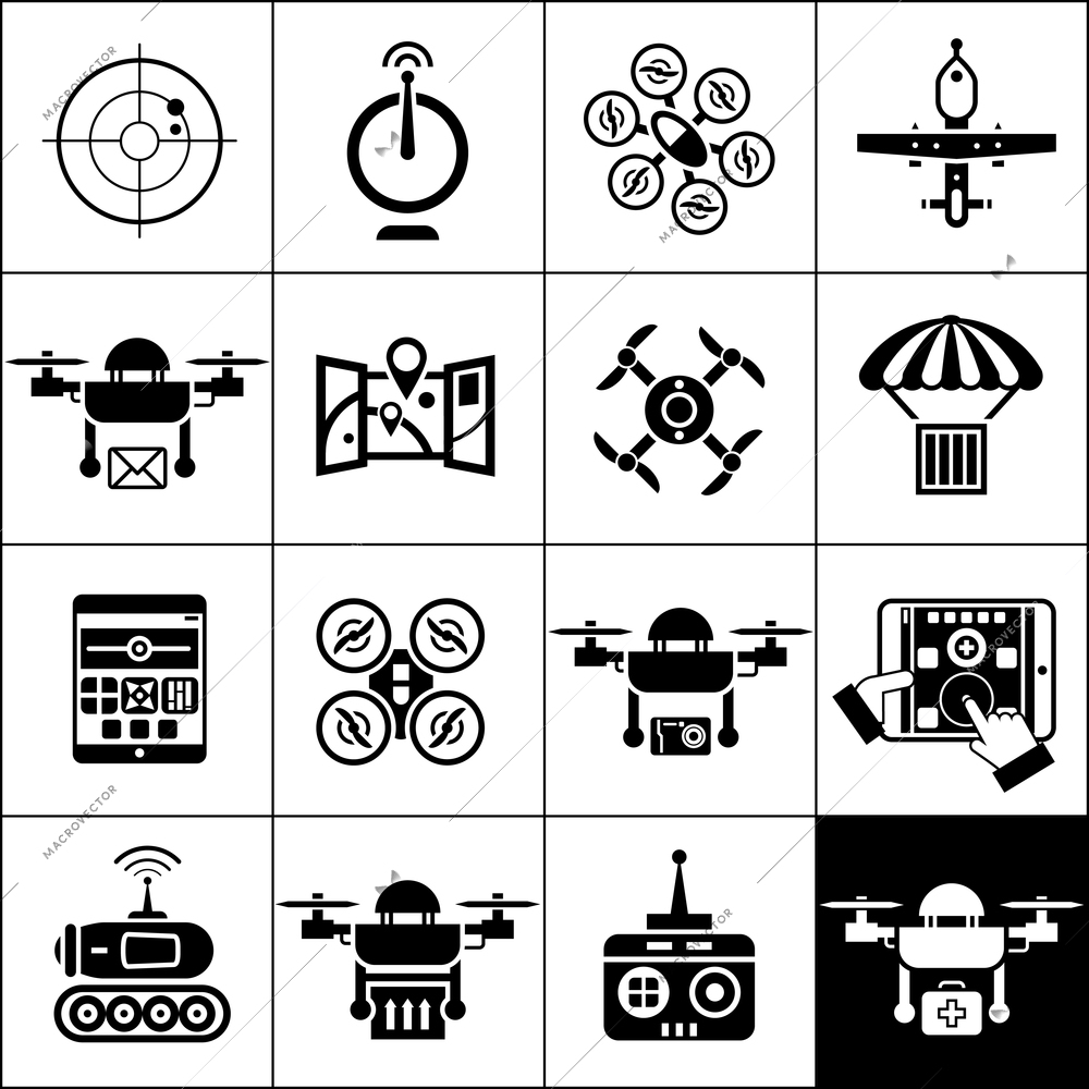 Drone plane remote control flying camera icons black set isolated vector illustration