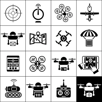 Drone plane remote control flying camera icons black set isolated vector illustration