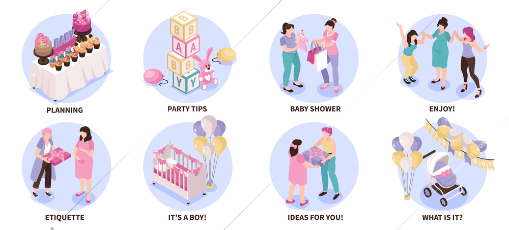 Baby shower round set with ideas for celebration symbols isometric isolated vector illustration