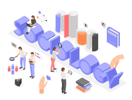 Sociology isometric background composition with 3d text surrounded by bar chart elements books gadgets and people vector illustration