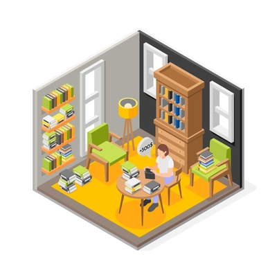 Excess spending isometric composition with isolated view of living room with woman surrounded by many books vector illustration