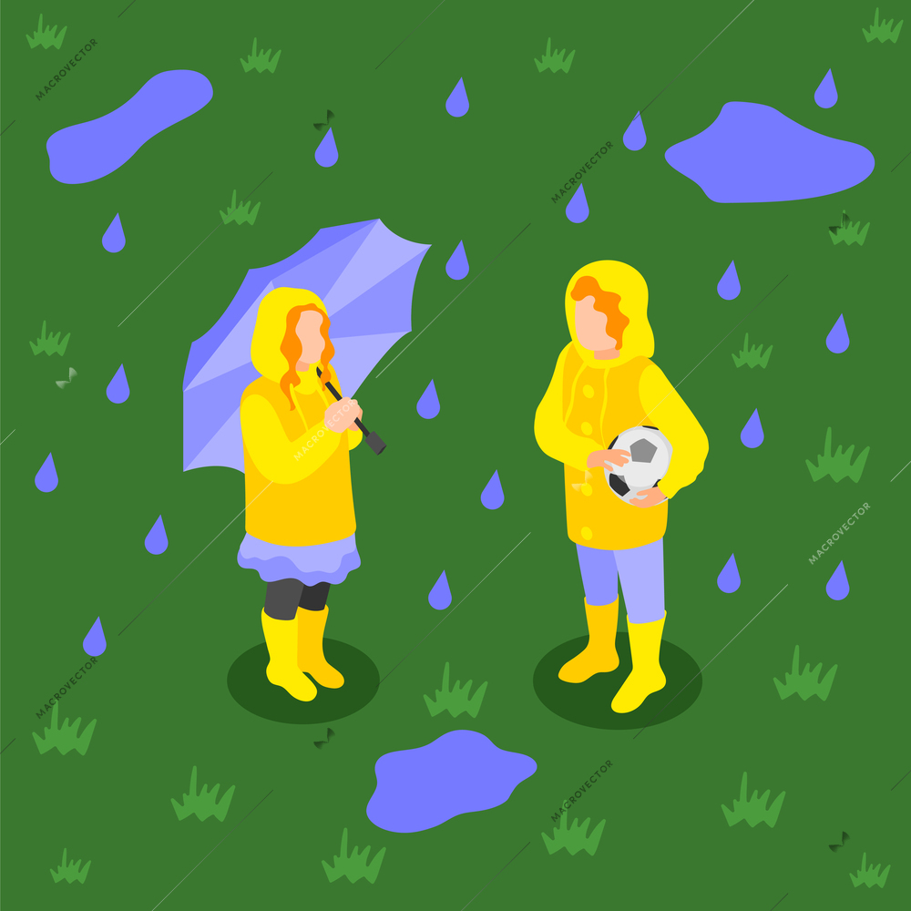 Rainy day isometric background with composition of two teenage kids under rainfall with umbrella and ball vector illustration