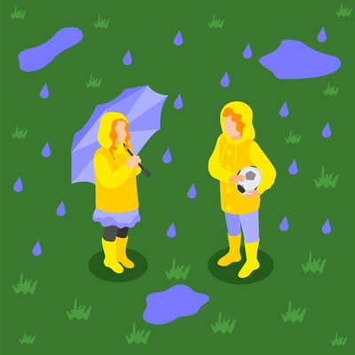 Rainy day isometric background with composition of two teenage kids under rainfall with umbrella and ball vector illustration