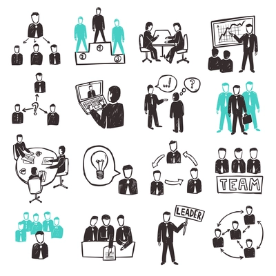 Teamwork icons set with sketch business people discussion organization and partnership scenes isolated vector illustration