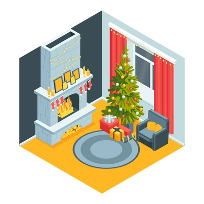 Isometric fireplace christmas composition with isolated view of decorated room new year tree and burning chimney vector illustration