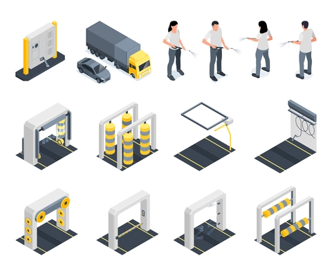 Set with isometric automated car wash isolated icons with people cars and auto washing maintenance equipment vector illustration