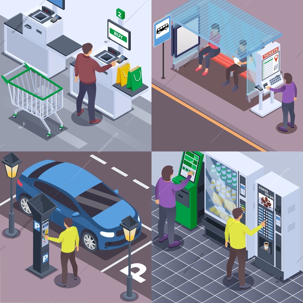 Self service isometric set of four square compositions with people ordering food buying tickets parking lot vector illustration