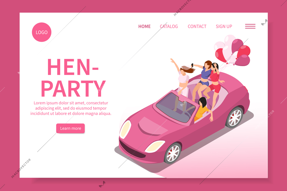 Bachelorette party hen party isometric web site landing page with cabrio car and young female friends vector illustration