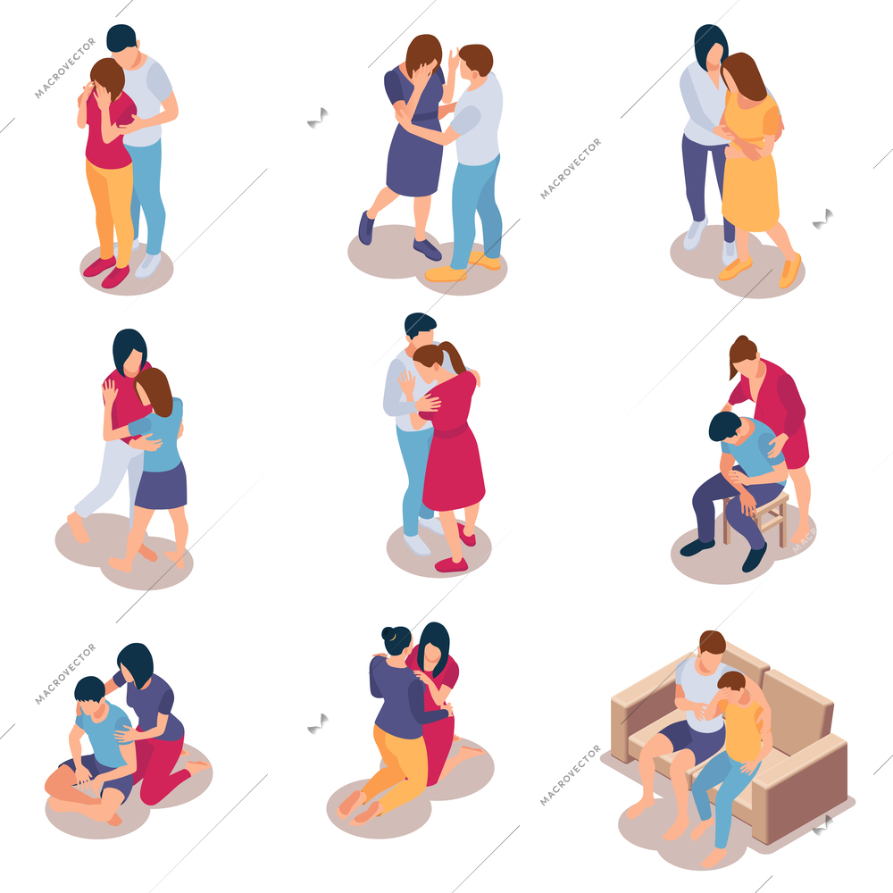 People support isometric set with isolated icons and faceless human characters of friends parents and children vector illustration