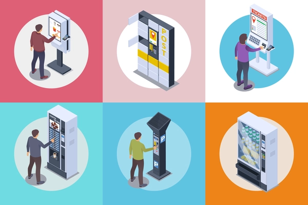 Self service set of isolated round compositions with isometric people using automated vending ticketing parking machines vector illustration