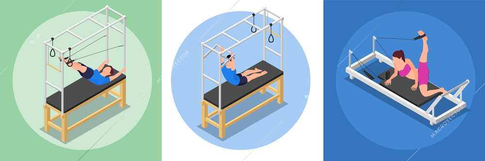 Pilates isometric set of three round compositions with human characters of athletes practicing on gymnastic apparatus vector illustration