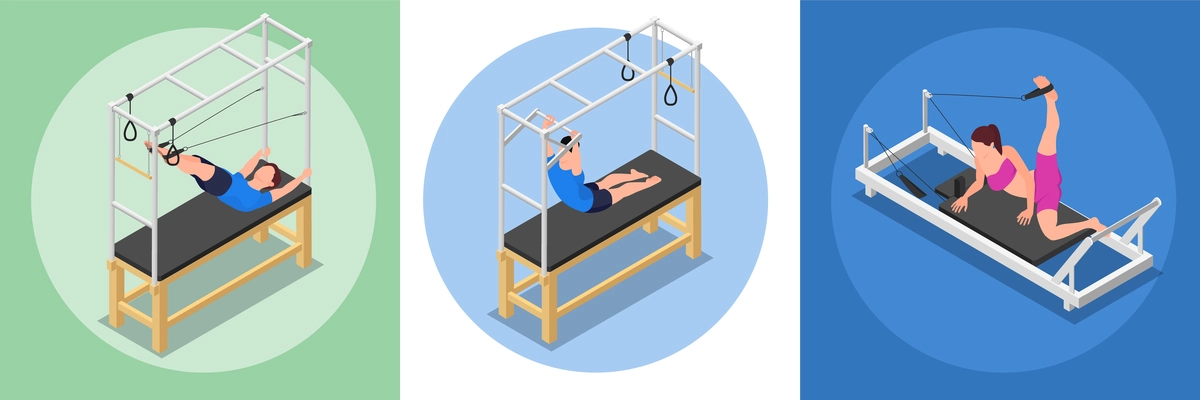 Pilates isometric set of three round compositions with human characters of athletes practicing on gymnastic apparatus vector illustration