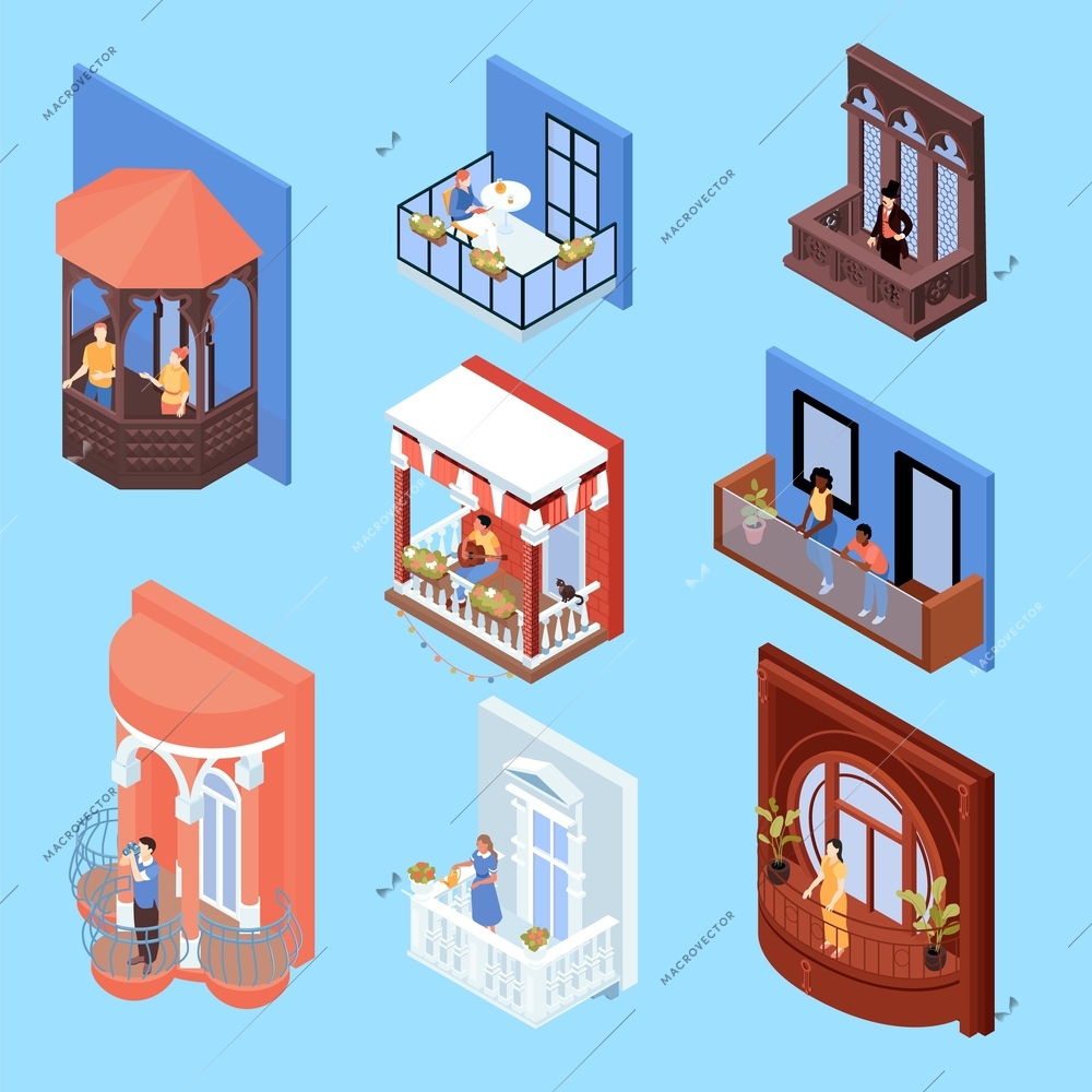Isometric house facade people set with isolated icons of balconies pavilions of classic and modern design vector illustration