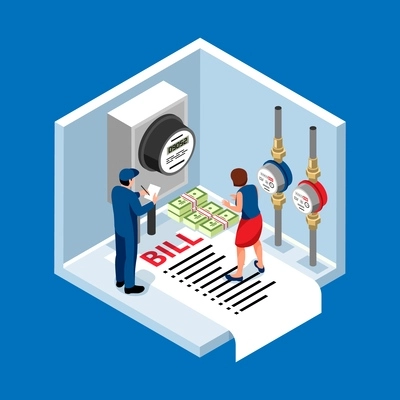 Public utilities isolated object at blue background with inspector rewrite electricity and water meter readings isometric vector illustration