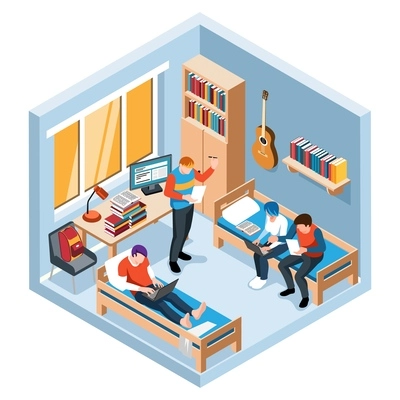 Dormitory room isometric object with group of students spending time together 3d vector illustration