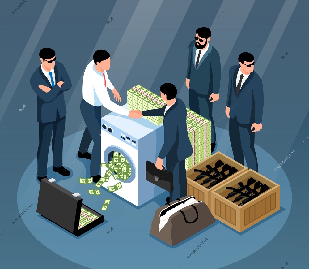 Money laundering isometric illustration with criminals selling weapons illegally 3d vector illustration