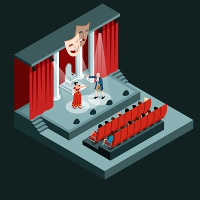 Theater auditorium with the audience and artists on stage isolated object at black background isometric vector illustration