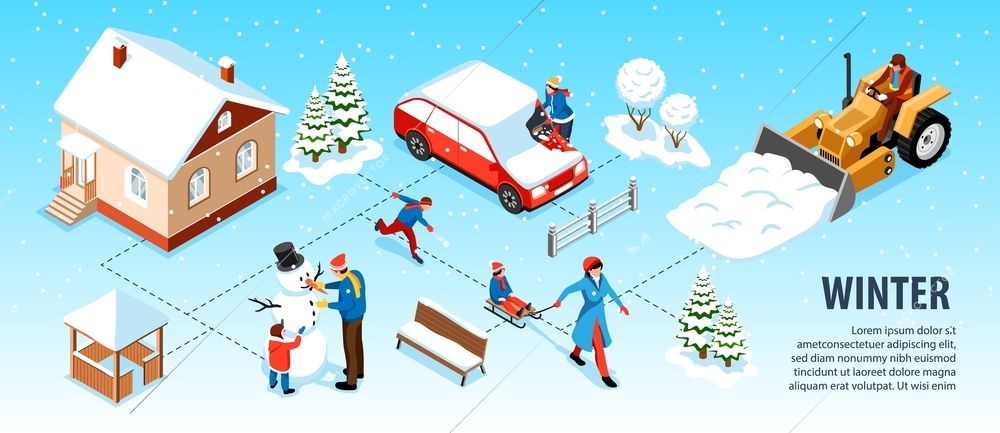 Winter city isometric infographics demonstrating snow cleaning municipal machinery and people busy with winter games vector illustration