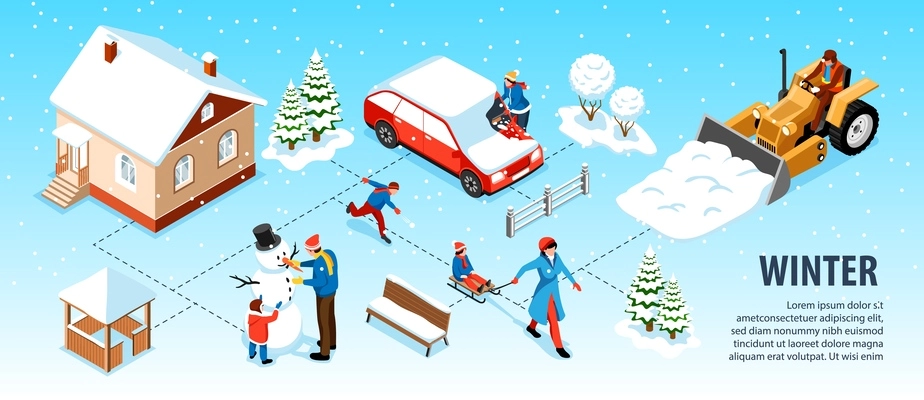 Winter city isometric infographics demonstrating snow cleaning municipal machinery and people busy with winter games vector illustration