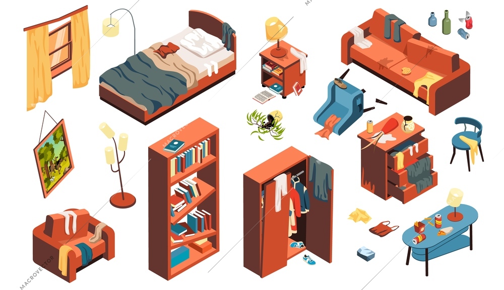 Damaged furniture isometric set of sofa bed wardrobe armchair book shelves with scattered clothing isolated vector illustration
