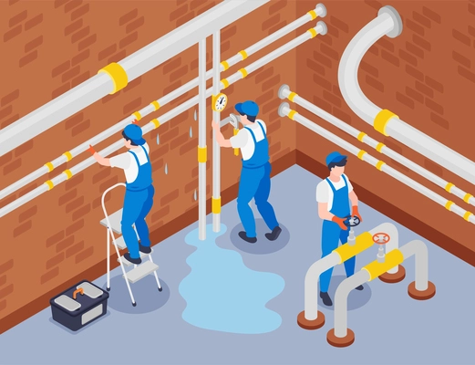 Isometric plumber composition with indoor view leaky tubes being repaired by team of plumbers in uniform vector illustration