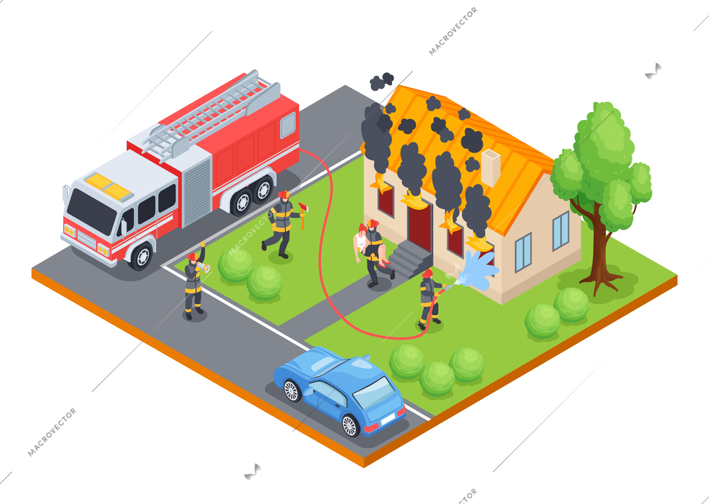 Isometric firefighter composition with isolated outdoor view of burning house with crew of firemen extinguishing fire vector illustration