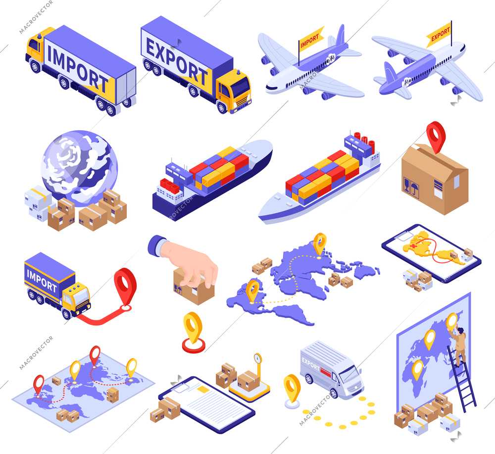 Isometric cargo export import set of isolated icons with trucks airplanes ships location signs and routes vector illustration