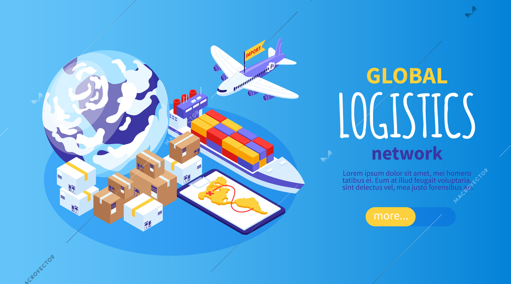 Isometric export import horizontal banner with editable text read more button and images of cargo logistics vector illustration