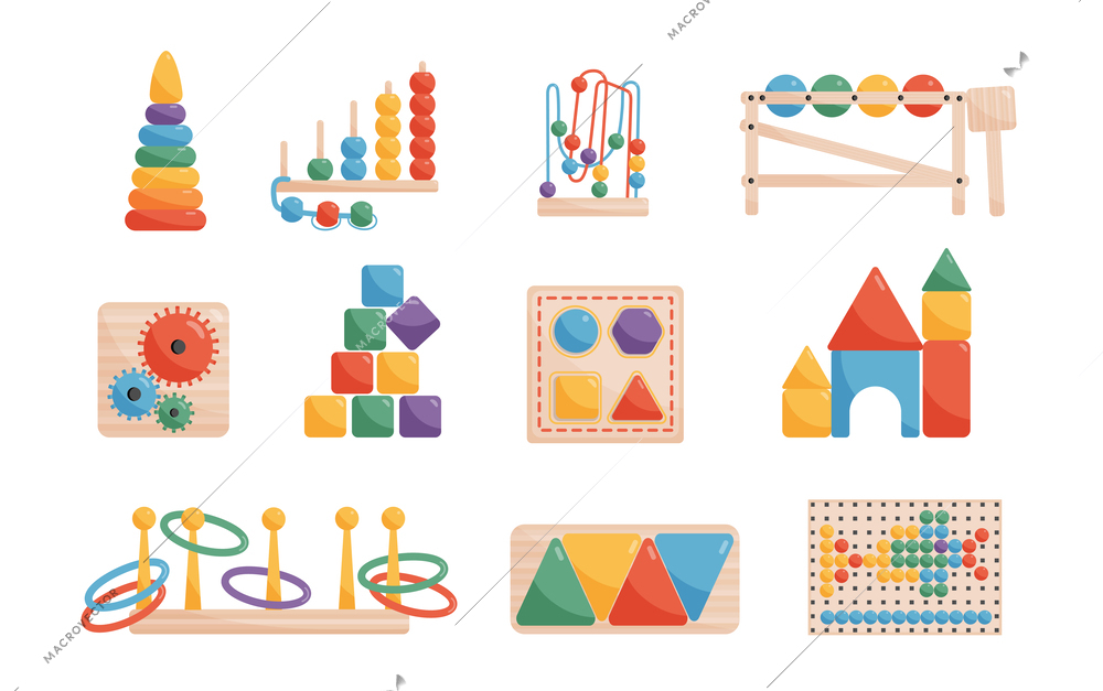 Educational games flat color set of constructor piramide and other montessori toys for children isolated vector illustration