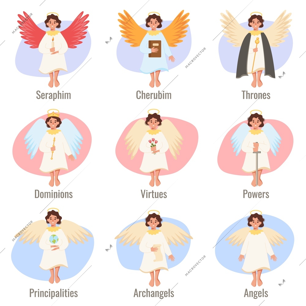 Paradise bible flat infographic set of nine isolated characters representing types of angels with text captions vector illustration