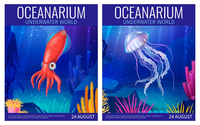 Oceanarium cartoon poster with underwater creatures and coral reefs vector illustration