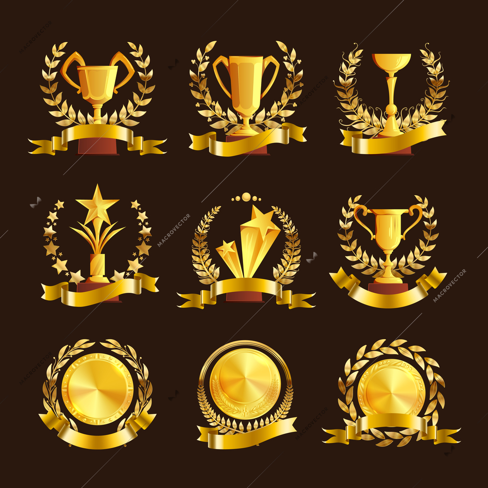 Golden trophy wreath set with isolated compositions of floral shapes gold medals ribbons with empty space vector illustration