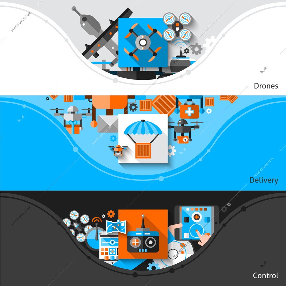 Drone horizontal banners set with delivery and control elements isolated vector illustration