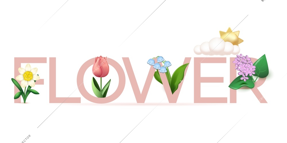 3d leaf flower composition with flat text surrounded by sun and cloud icons with cumbersome plants vector illustration