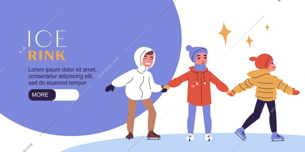 Ice skating horizontal banner with outdoor kids activity symbols flat vector illustration