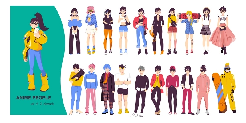 Anime people set of flat isolated manga teenagers wearing various stylish outfits vector illustration