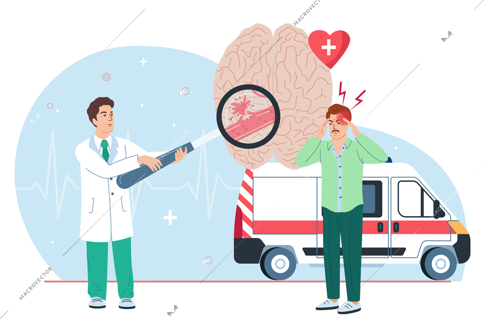 Brain stroke flat composition with ambulance characters of doctor and patient with bad headache vector illustration