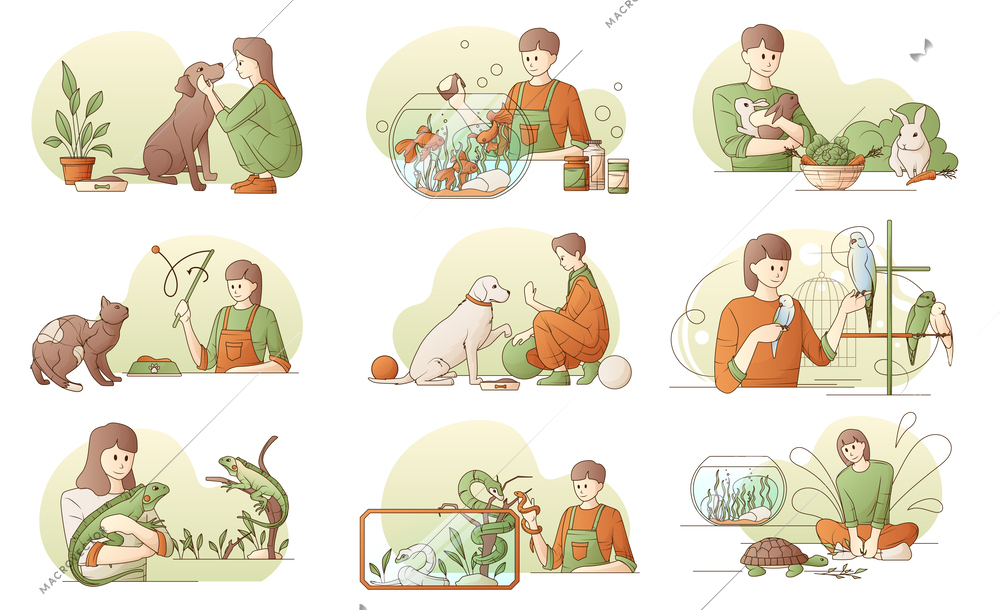 People playing feeding looking after their pets flat set isolated vector illustration