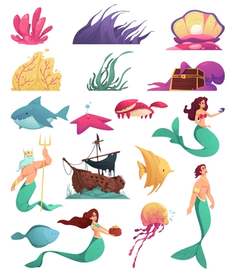 Underwater world cartoon icons set with mermaids and fishes isolated vector illustration