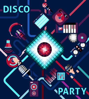 Disco party background with electronic music equipment and dj icons set vector illustration