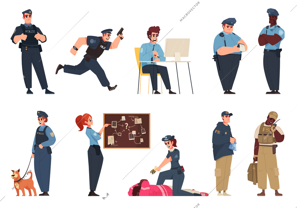 Police characters cartoon icons set with male and female officers isolated vector illustration