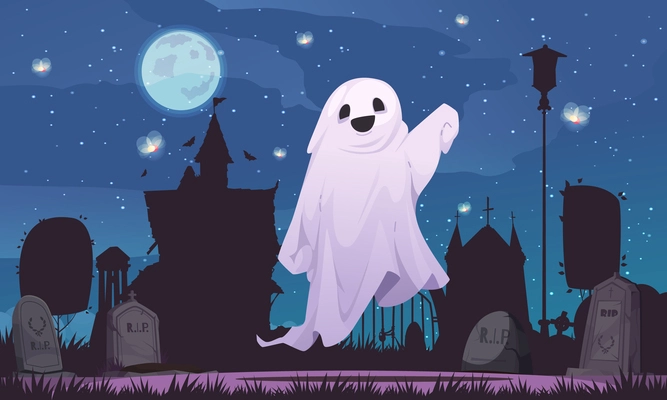 Ghost cartoon poster with old cemetery at night on background vector illustration