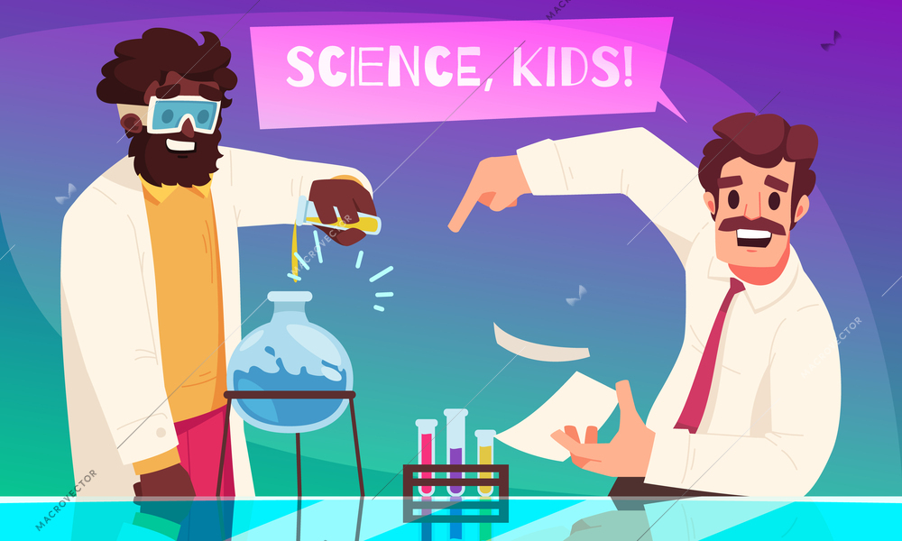 School teacher cartoon concept with chemistry professors in lab vector illustration