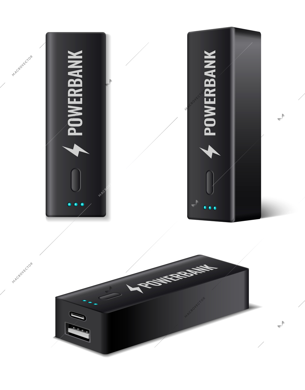 Powerbank realistic icons set with black battery charger devices isolated vector illustration