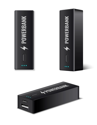 Powerbank realistic icons set with black battery charger devices isolated vector illustration