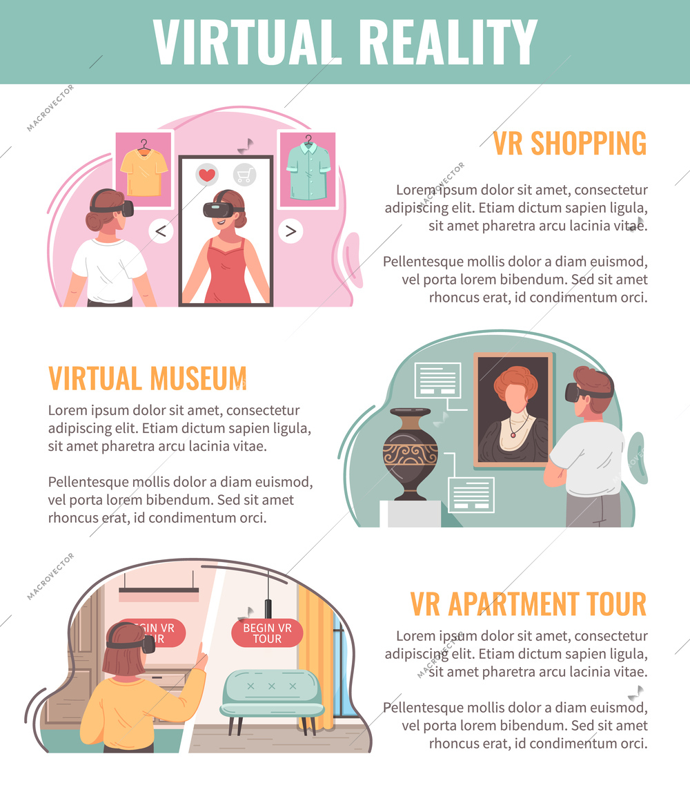 Virtual augmented reality cartoon poster with cyberspace museum and shopping vector illustration