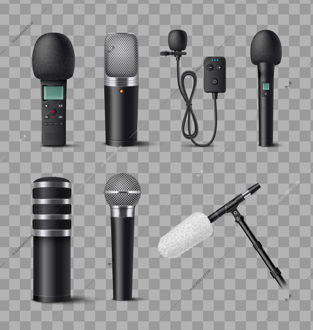 Microphones realistic icons set with audio recording devices on transparent background isolated vector illustration